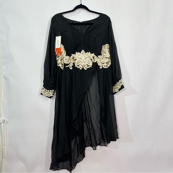 Black and Gold Appliqué 2 piece Pants suit set Semi Sheer Long Sleeves NWT Sz 10 - Picture 4 of 9